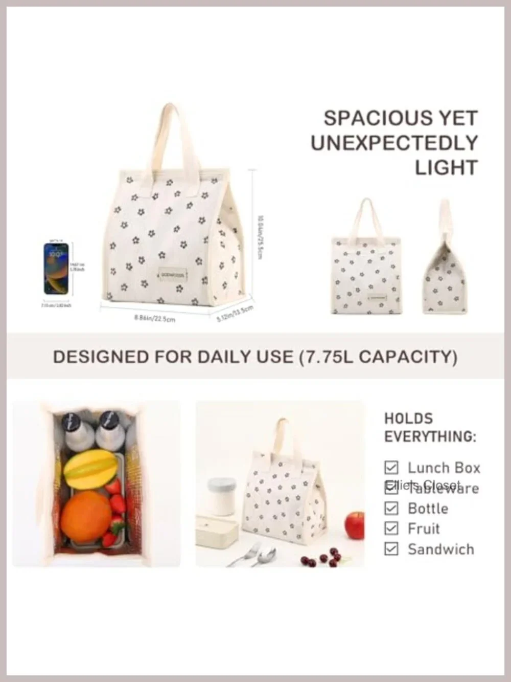 Corduroy Insulated Lunch Bag 7.75L Reusable Cooler Leakproof for Work Travel